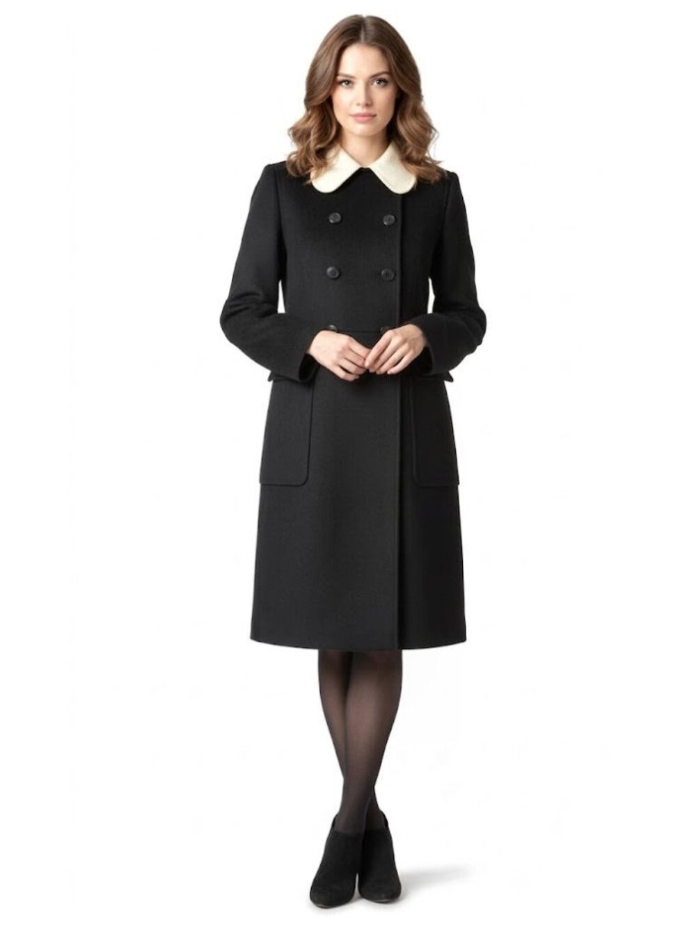 Valentino Double Breasted Coat, Black with White Collar, Womens Size 6